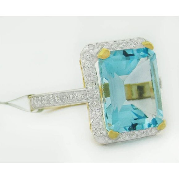 Genuine 3.94 Cts Blue Topaz & Diamonds Ring 10k White Gold